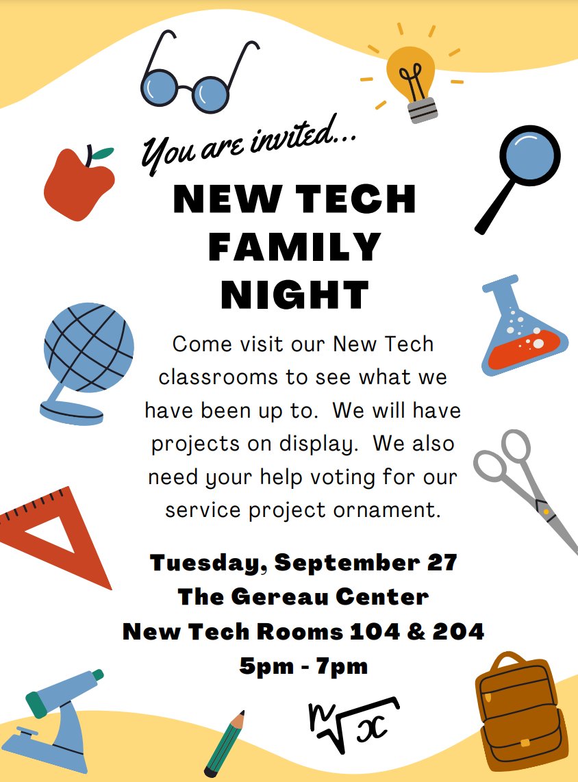 Parents/Guardians of current students are invited to New Tech @ Gereau Family Night on Tuesday, September 27th from 5-7 p.m. Visitors will have the opportunity to see projects and vote on our community service ornament designs.
We hope to see you Tuesday night!