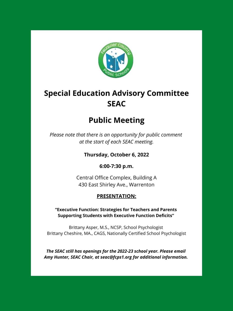 FauquierSEAC's tweet photo. YOU’RE INVITED! 
WHAT: SEAC meeting
WHEN: Thursday Oct 6,  6 p.m. 
WHERE: Central Complex, Bldg A.  430 East Shirley Ave
Presentation: Exec Function Strategies 
@fcps1news https://t.co/tsPxaa9EWL