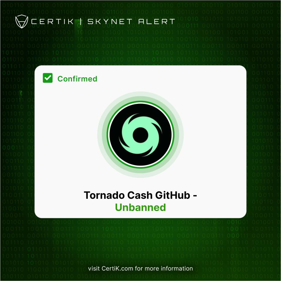 #CertiKSkynetAlert 🚨

<a href="/github/">GitHub</a> has unbanned the <a href="/TornadoCash/">🌪️ Tornado.cash 🌪️</a> organization &amp; contributors on their platform!

<a href="/USTreasury/">Treasury Department</a> has said "interacting with open-source code itself, in a way that does not involve a prohibited transaction with Tornado Cash, is not prohibited"

Free Speech!