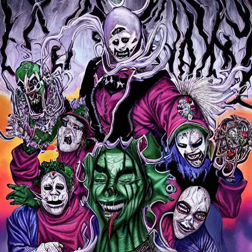 zap_sus's tweet photo. haha! Wanted to see what an #AIArtwork generator would do if I gave them the #psychopathicRecords crew #insaneclownposse #twiztid #jumpsteady #supervillains #ABK @tweetmesohard @icp @UndergroundAust It did amazing! And disturbing.
https://t.co/kSwACROmF9 https://t.co/jdxxKuzjTV