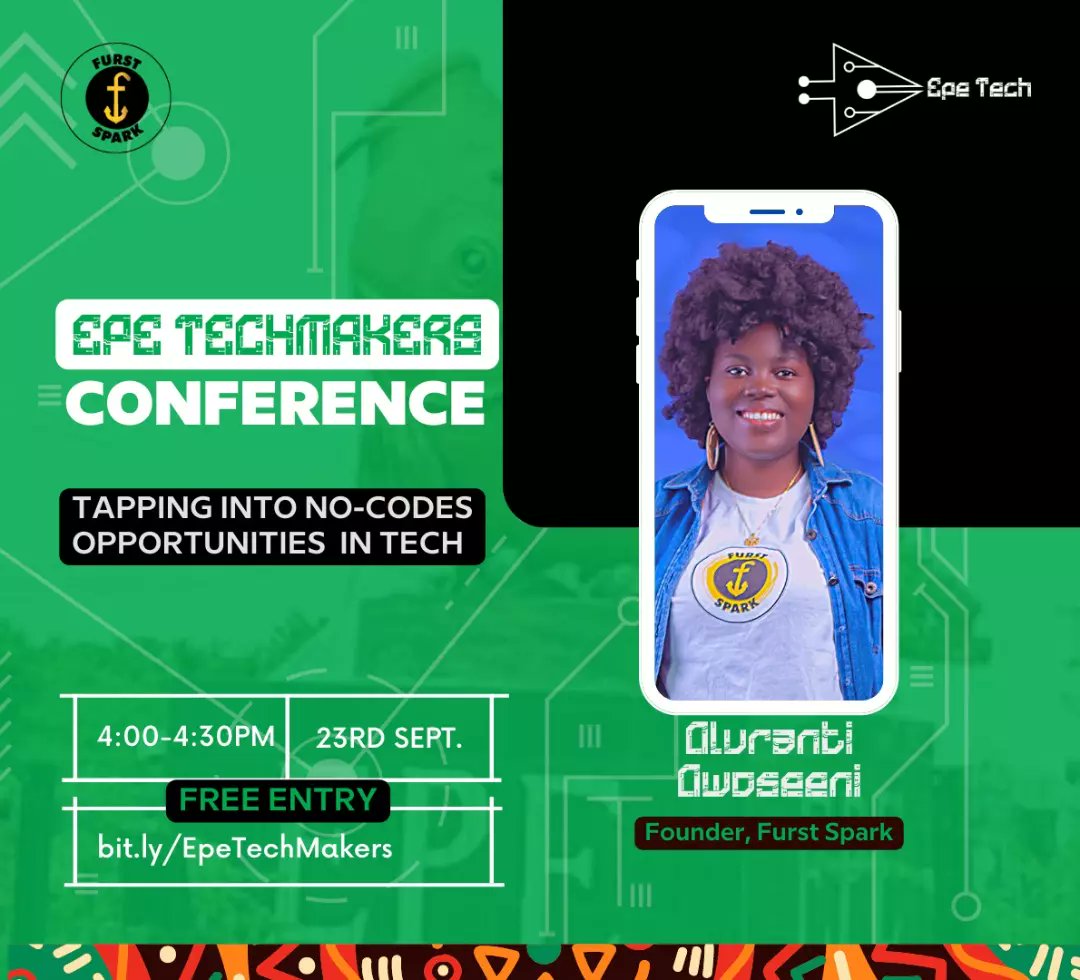 OlurantiFurst's tweet photo. Hi everyone! 

I'm excited to be speaking at Epe TechMakers conference tomorrow between 3PM and 4:30 PM on the topic of "Tapping into No-Codes Opportunities in Tech". 

Please join via this link
https://t.co/0za0vu4UoP

I look forward to seeing you there.

 #tech  #EpeTechMakers https://t.co/nRXW40IcmG