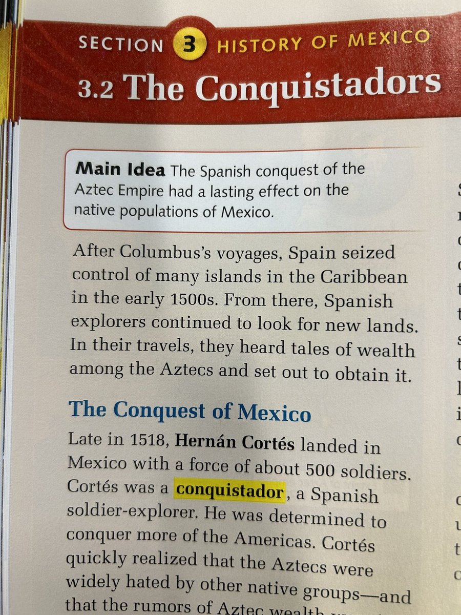 _lizdegroot's tweet photo. Today in class we discussed the types of different biases found in classroom textbooks when talking about historical events. We found an example of linguistic bias in this textbook regarding Spanish explorers’ founded lands! #EDUC200 #01FA22 @SophiaW51869188 https://t.co/adULl6whqb