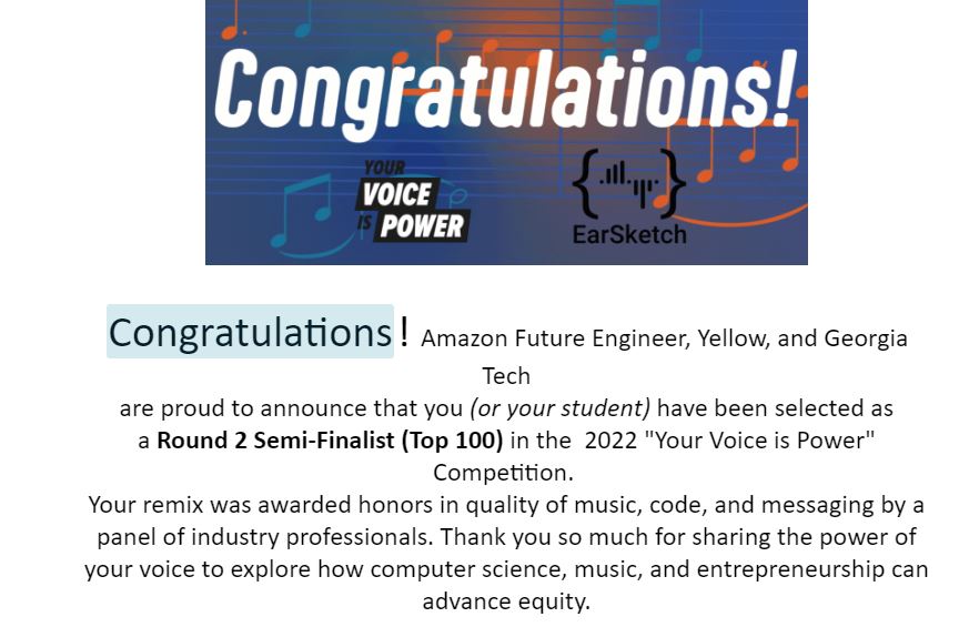 eSTEAMeducator's tweet photo. So super excited to receive this email toady! @PWCSNews The results are in and two 8th graders from @ShoresMiddle (last year) placed in the #yvip coding with @EarSketch contest!!!! Such an honor! #coding #psmspride Check us out all winners here: https://t.co/7oGfpAzVg5 https://t.co/Oleme80Gaa