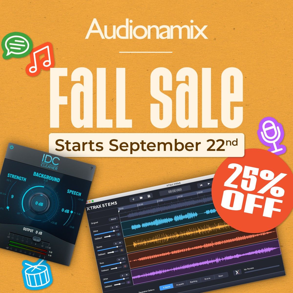 🍂 We are celebrating the first day of Fall season with the Audionamix Fall Sale! Save 25% on XTRAX STEMS and IDC: Instant Dialogue Cleaner beginning September 22nd. hubs.ly/Q01m_4bw0