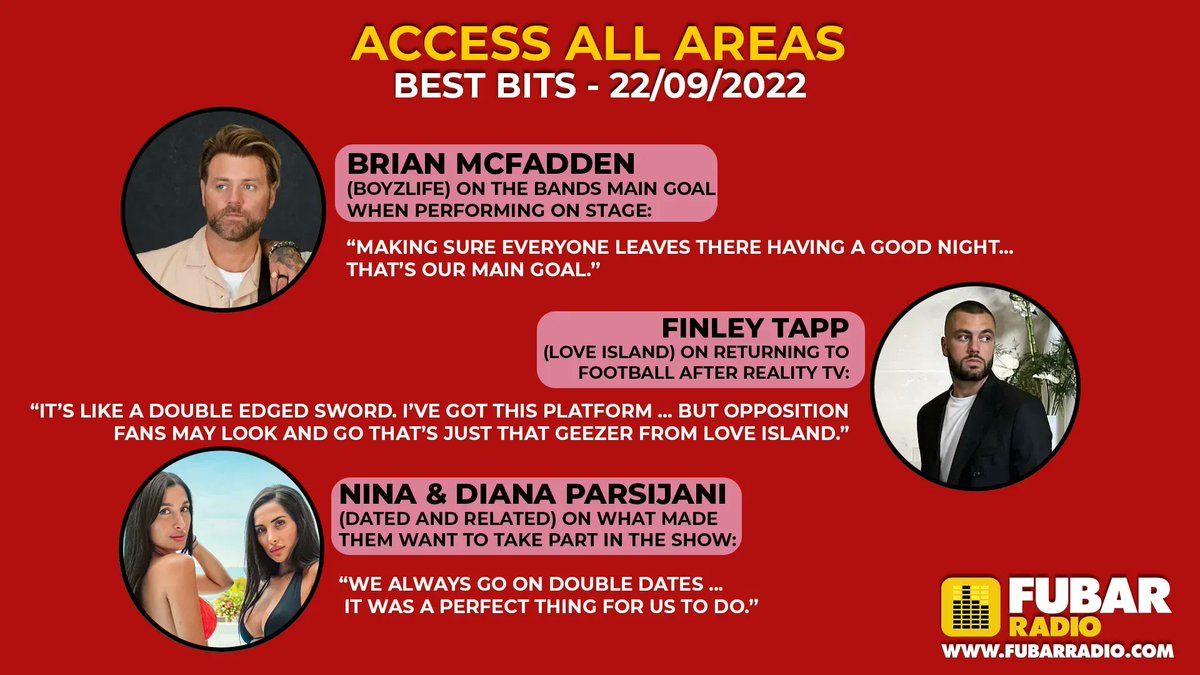 Chatting to @BobbyCNorris and @steveleng this week on #AccessAllAreas was… 🎉@BrianMcFadden 🎉@Finley__Tapp 🎉Nina & Diana Parsijani Listen back to hear them talking all about #Boyzlife, #LoveIsland, and #DatedandRelated here 👉 buff.ly/3qUWfPr