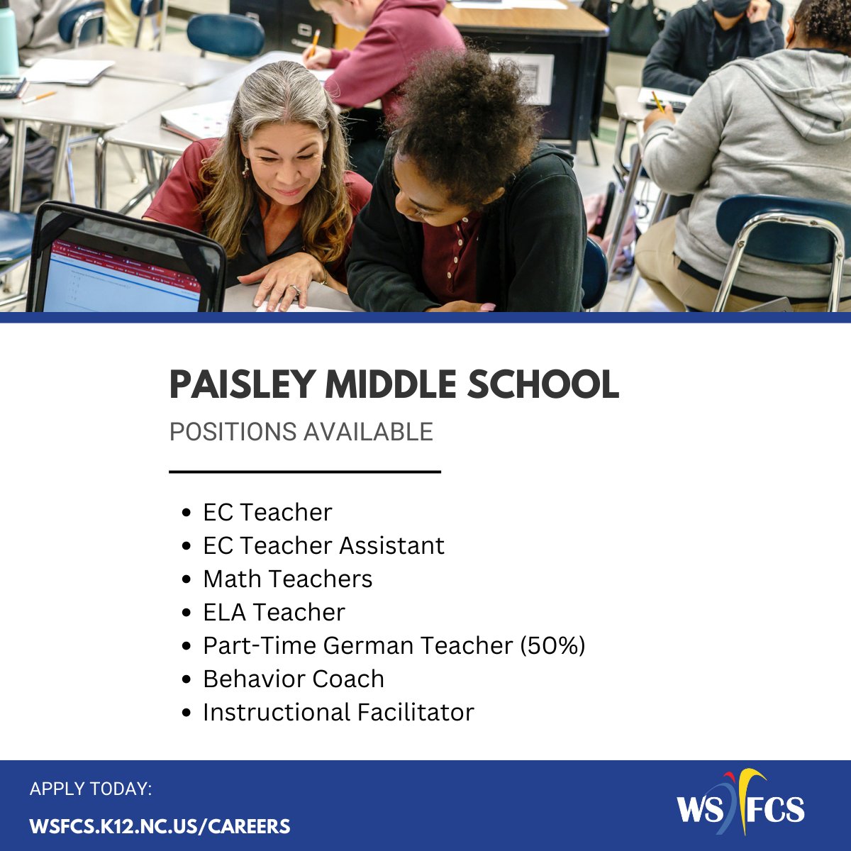 WSFCS_HR's tweet photo. Our Middle Schools are hiring! Please swipe through to see if you may be a great fit for any of these positions. Feel free to share!
#middleschooleducators #education #nowhiring #ncteachers #ncworks https://t.co/r2rW0ZspJ9