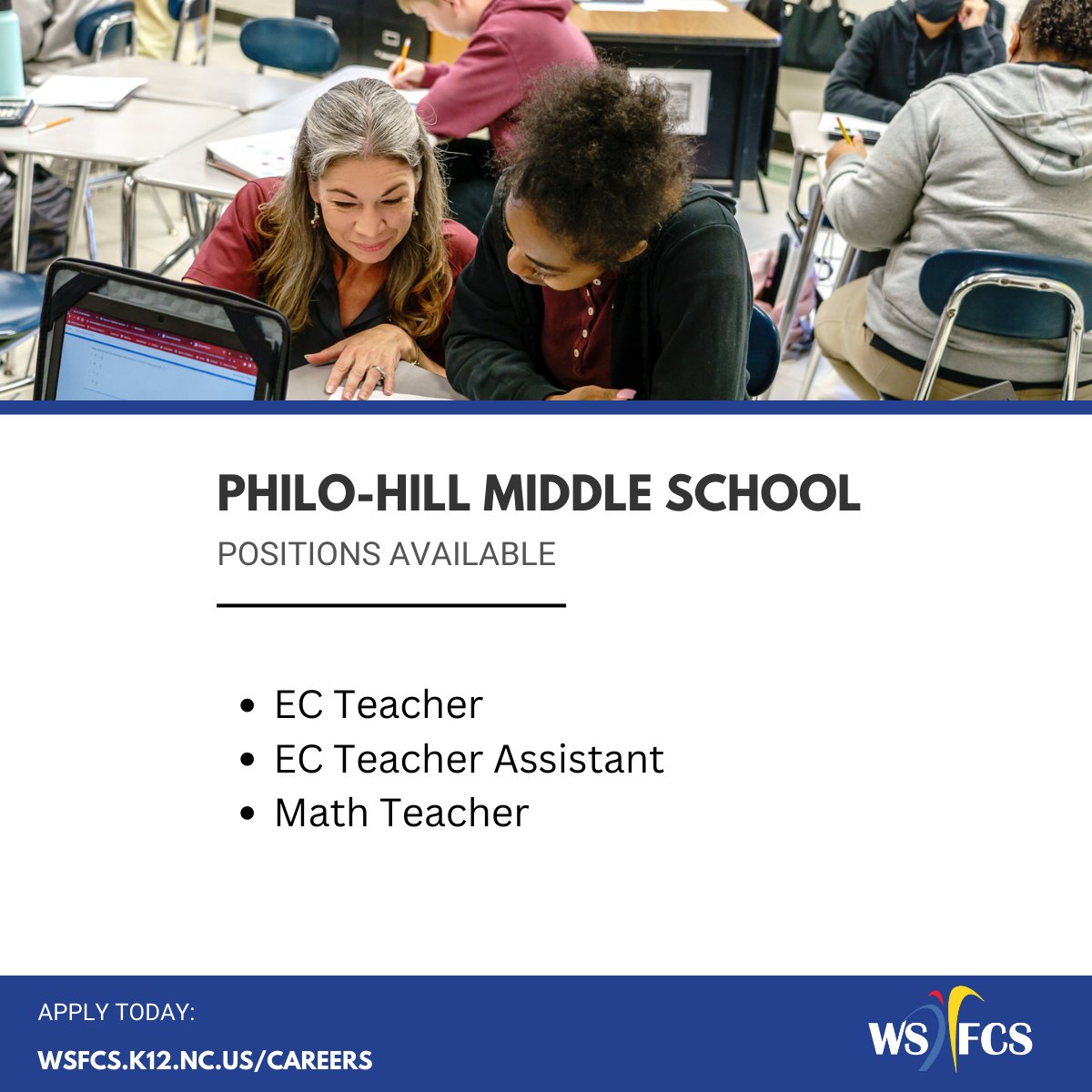 WSFCS_HR's tweet photo. Our Middle Schools are hiring! Please swipe through to see if you may be a great fit for any of these positions. Feel free to share!
#middleschooleducators #education #nowhiring #ncteachers #ncworks https://t.co/r2rW0ZspJ9