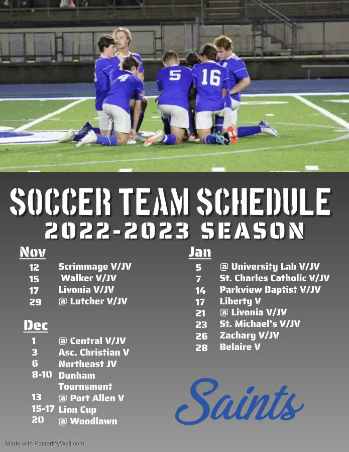 WFHS_BoysSoccer's tweet photo. SAINTS NATION! Some changes have been made to the schedule. Attached is the most up to date schedule. https://t.co/RFrNi8xZLc