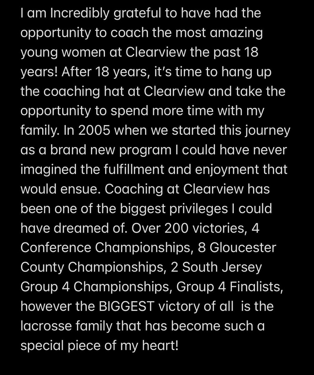 Viewgirlslax's tweet photo. I am Incredibly grateful to have had the opportunity to coach the most amazing young women at Clearview the past 18 years! After 18 years, it’s time to hang up the coaching hat at Clearview and take the opportunity to spend more time with my family 💚💛 #viewlax https://t.co/CjiZq0VZ1k