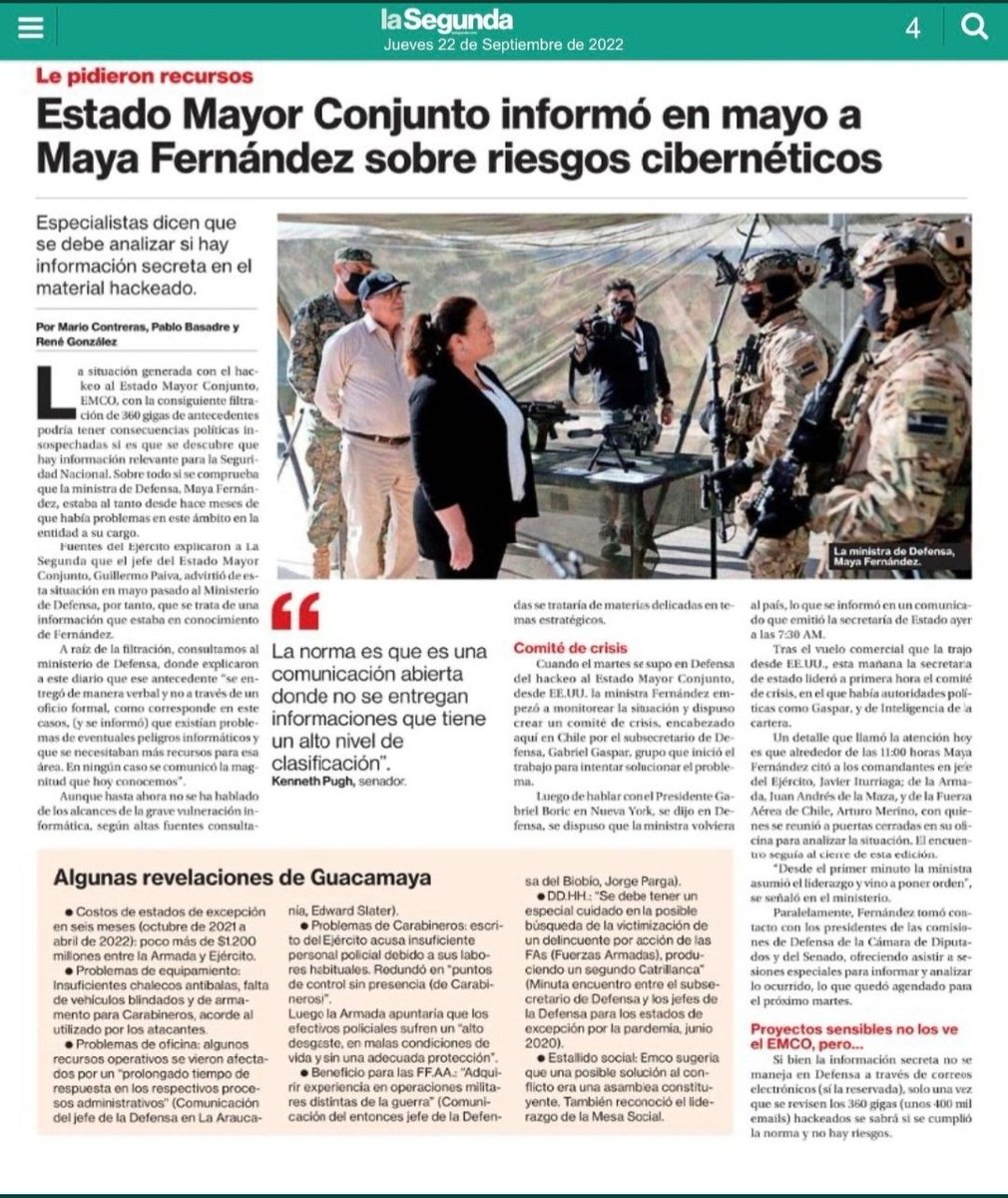 Ministra de defensa, Sra Maya Fernández, ya había sido informada por el Estado Mayor (hace 4 meses atrás) sobre riegos de ataques cibernéticos (exposición de información privada).
Su inoperancia es Absoluta y SU renuncia, es lo mínimo que el Presidente @gabrielboric debe exigir.