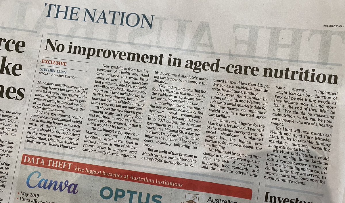 Screening for malnutrition has been ignored in the renewed Aged Care Quality Indicators released this week. Guaranteeing nutrition for residents in care is critical if you are serious about restoring dignity to the sector @AnikaWells Please act now. @dietitiansaus @dietitians_CEO