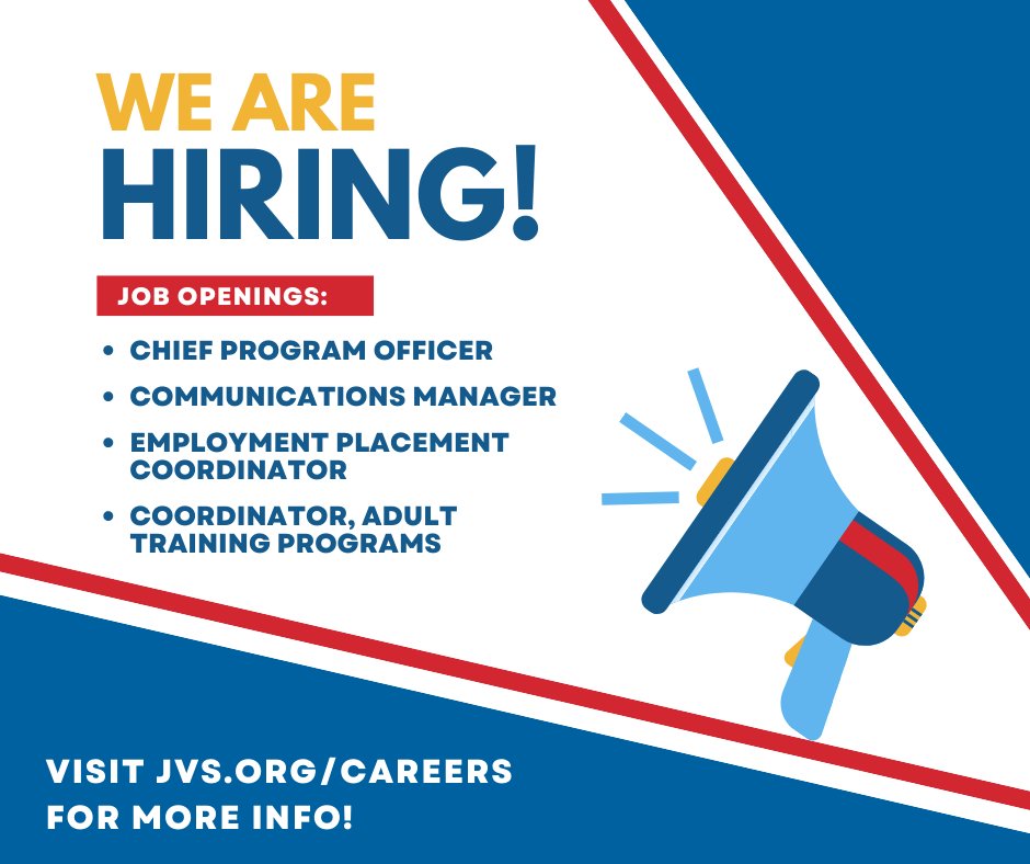We're hiring! We have several exciting roles open on our programs, communications,  and placement teams. Visit jvs.org/careers to learn more and please help us spread the word! 

#jobs #employment #nonprofit #bayareajobs #sanfranciscojobs #californiajobs
