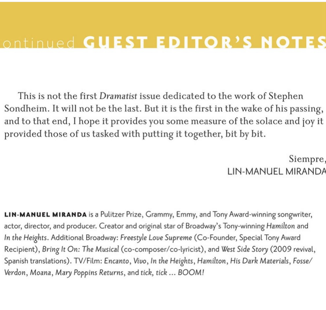 Lin-Manuel Miranda (@lin_manuel) on Twitter photo And sometimes you channel your grief into guest-editing the Sondheim issue of #TheDramatist for <a href="/dramatistsguild/">Dramatists Guild</a>. Available online for Dramatist Guild members now & available in print end of Sept/early Oct at <a href="/dramabookshop/">Drama Book Shop</a> & fine magazine stands near you. Hope you enjoy. -LMM And sometimes you channel your grief into guest-editing the Sondheim issue of #TheDramatist for <a href="/dramatistsguild/">Dramatists Guild</a>. Available online for Dramatist Guild members now & available in print end of Sept/early Oct at <a href="/dramabookshop/">Drama Book Shop</a> & fine magazine stands near you. Hope you enjoy. -LMM