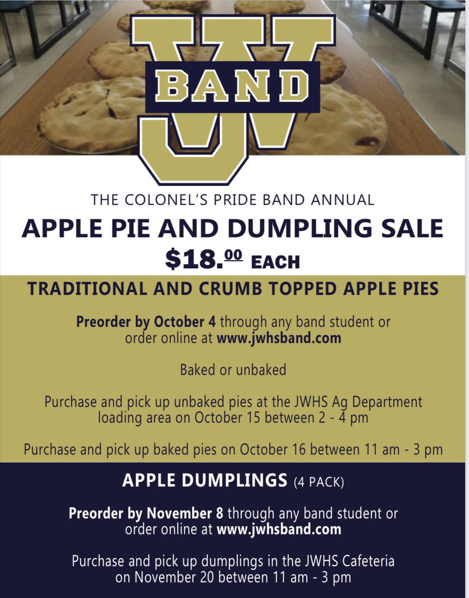 JWHSBandAlumni's tweet photo. That time of year again!
Get them while they’re hot!!! #applepie #appledumpling @jameswoodhs https://t.co/waY2iXrHbm