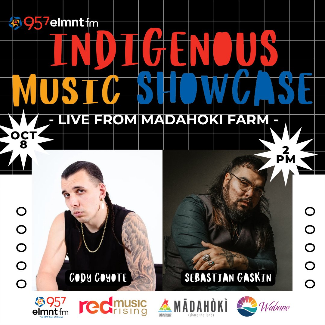 95.7 Elmnt fm is proud to announce its first-ever Indigenous Music Showcase, featuring <a href="/CodyCoyoteMusic/">Cody Coyote</a>, <a href="/sebastiangaskin/">BAS DA GASMAN</a>, and more.

Thank you to our partners, <a href="/RedMusicRising/">Red Music Rising</a>, #IndigenousExperiences, #MadahokiFarm, and <a href="/WabanoHealth/">Wabano Centre</a>. For details, visit elmntfm.ca.