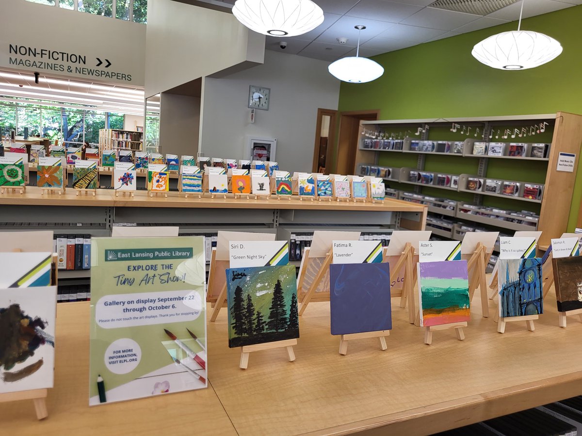 elplibrary's tweet photo. The #TinyArtShow has begun! Last night we had a great opening reception with live music and a whole lot of creative community art! If you missed it, don’t worry, the gallery will be available to peruse until October 6. After that, artists can come pick up their masterpieces! https://t.co/zt0MSPtdGL