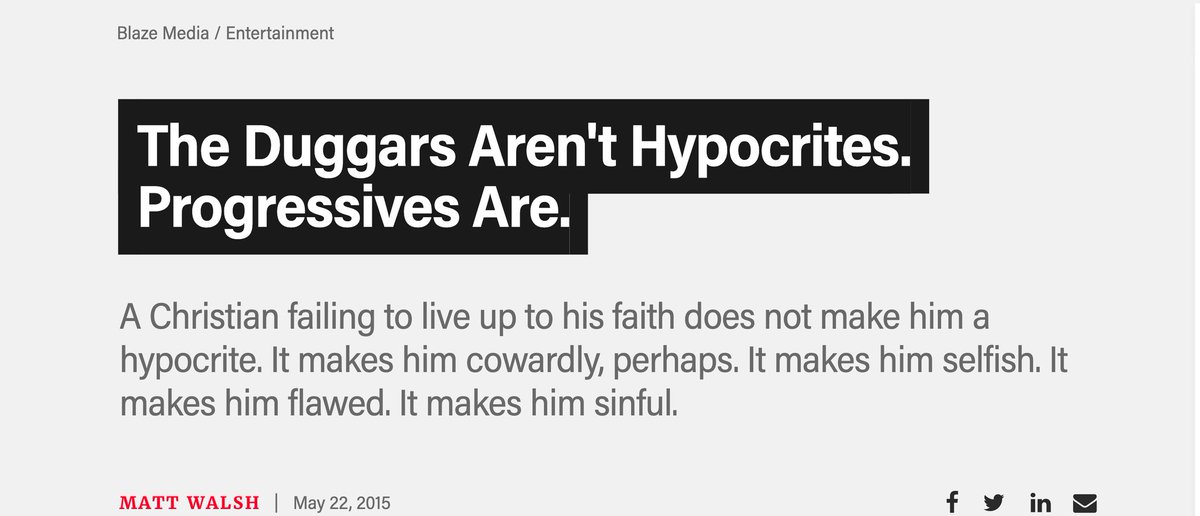 Blaze Media / Entertainment

The Duggars Aren't Hypocrites. Progressives Are.

A Christian failing to live up to his faith does not make him a hypocrite. It makes him cowardly, perhaps. It makes him selfish. It makes him flawed. It makes him sinful.

MATT WALSH

| May 22, 2015
