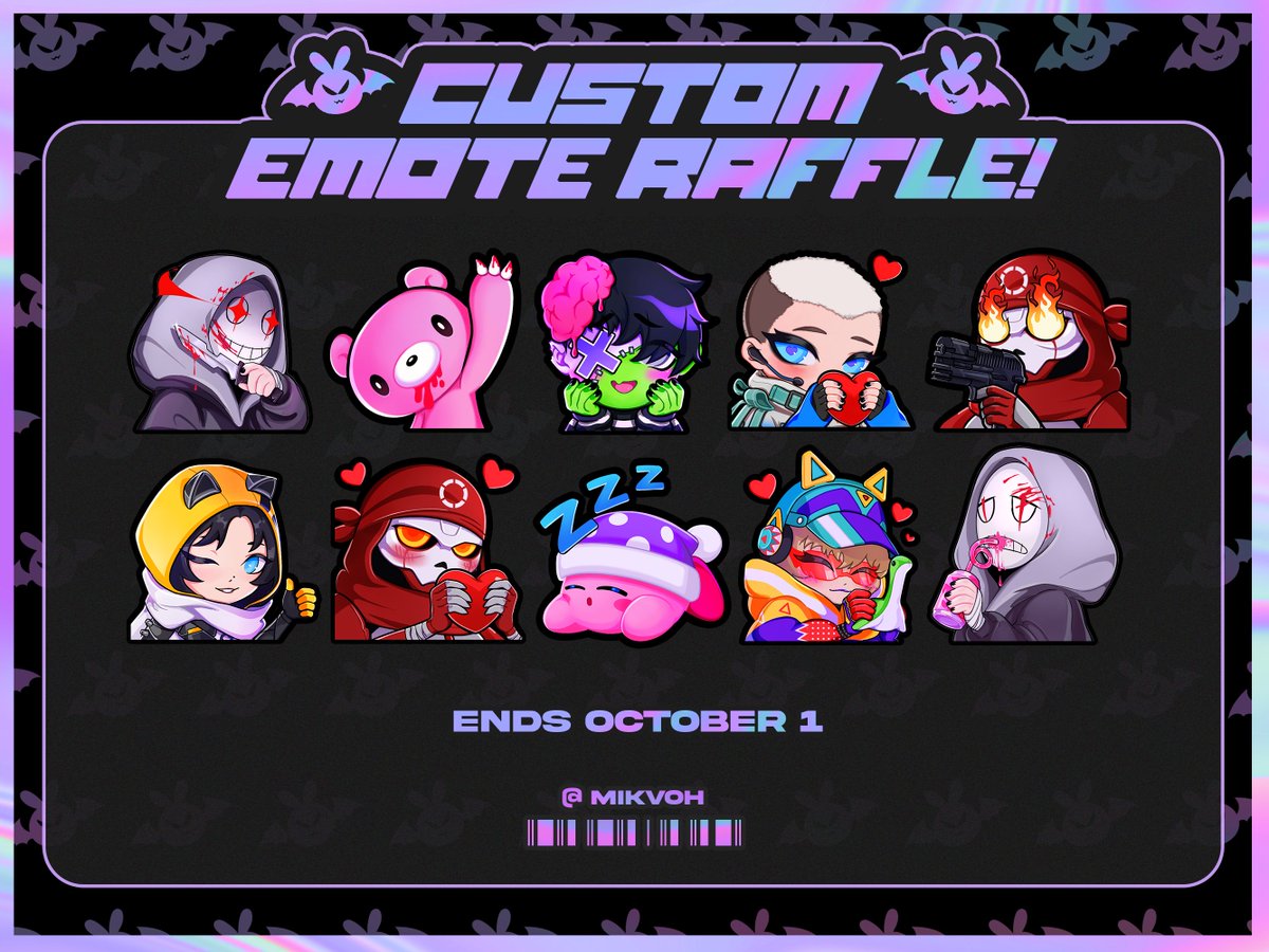 mikvoh's tweet photo. 😈 THE 600+ CUSTOM EMOTE RAFFLE IS HERE! 😈

🦇 3 WINNERS! 
🦇 PRIZE: 1 FREE CUSTOM EMOTE FROM YOURS TRULY! 👻
🦇 HOW TO ENTER: RT + FOLLOW 

💀ENDS OCTOBER 1 — GOOD LUCK AND THANK YOU FOR THE INCREDIBLE SUPPORT! 😈 https://t.co/MLIR7vgGfY