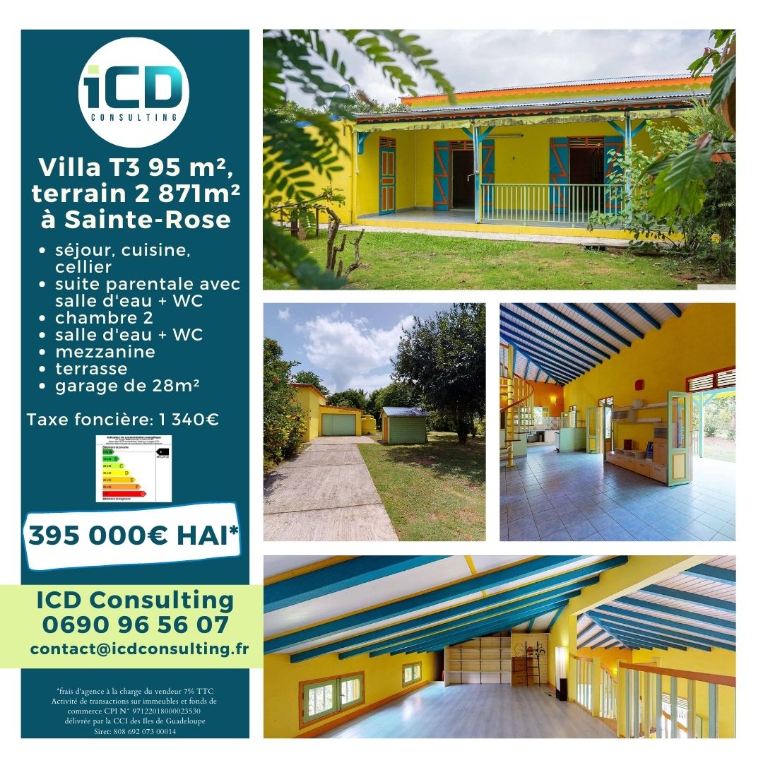 Icdconsult's tweet photo. Villa T3 avec mezzanine Sainte Rose: 
Sur un terrain de 2 870m²
Villa T3 Bis située à Sainte Rose intégrée dans un jardin verdoyant fleuris
Taxe foncière : 1340€ 
Icd Consulting +590 690 96 56 07 appel et message WhatsApp
contact@icdconsulting.fr
PRIX DE VENTE 395 000 € HAI https://t.co/G1Ew4dh6GW