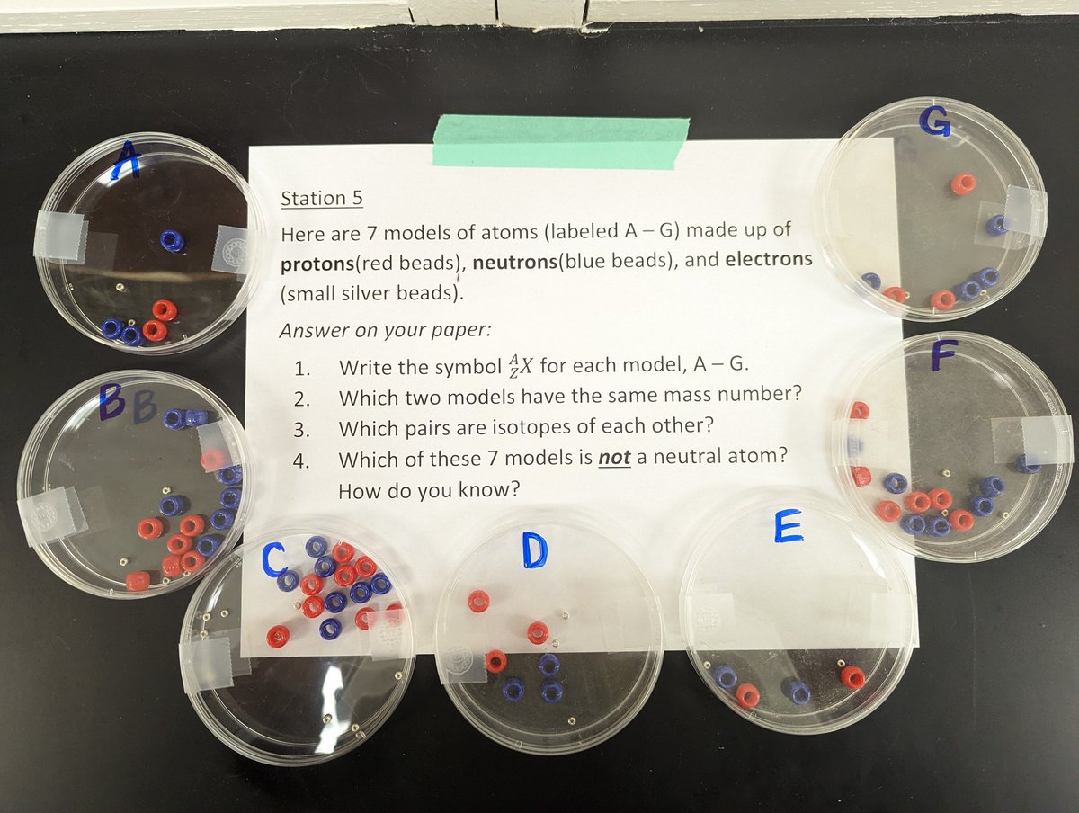 HamikChem's tweet photo. Today #BurkeChem students practiced recognizing isotopes and writing atomic/isotope notation by interpreting and making models(some stations pictured here). ⚛️ Retro-active props to whoever suggested at @ChemEd2019 to use tinier beads for electrons! #iteachchem @OPS_Burke https://t.co/qykSh2Oz77