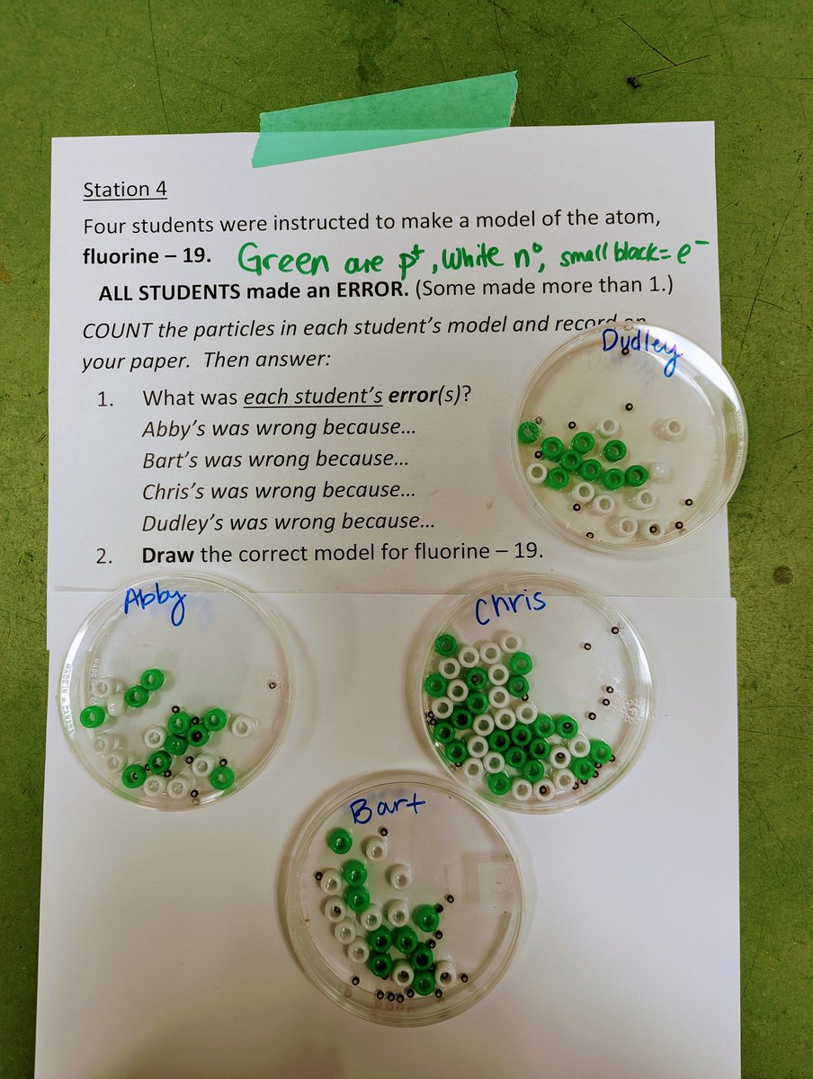 HamikChem's tweet photo. Today #BurkeChem students practiced recognizing isotopes and writing atomic/isotope notation by interpreting and making models(some stations pictured here). ⚛️ Retro-active props to whoever suggested at @ChemEd2019 to use tinier beads for electrons! #iteachchem @OPS_Burke https://t.co/qykSh2Oz77