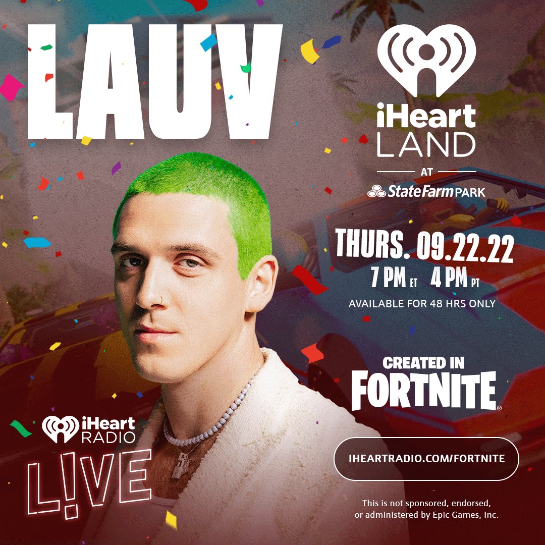 lauvsongs's tweet photo. I’m playing a show tonight in #iHeartLand on @FortniteGame at 7pm ET!! I’ll be at the @StateFarm park so come chill! https://t.co/r7TdbAt4VS https://t.co/R670DCGud8