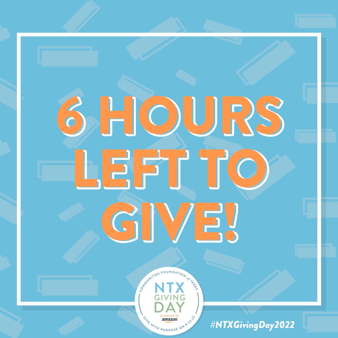 NTxGivingDay's tweet photo. SIX hours left to support your favorite nonprofits this #NTXGivingDay2022! #FindYourPassionGiveWithPurpose at: https://t.co/MLjgwWXI3J 🧡 💚 💙 https://t.co/xGhwL7fZqv