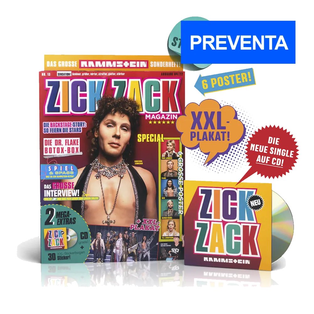UMusicMexico's tweet photo. ¡Comenzamos la preventa de la EDICIÓN LIMITADA del nuevo sencillo de @RSprachrohr #ZICKZACK! 🔥🔥🔥
https://t.co/xBdjyO8MrK
*Recuerda que el nuevo sencillo de RAMMSTEIN “Zick Zack“ estará disponible como revista. ¡No te quedes sin la tuya! #Ramsmtein #UMusicStore #preventa https://t.co/j4nI5FC83j