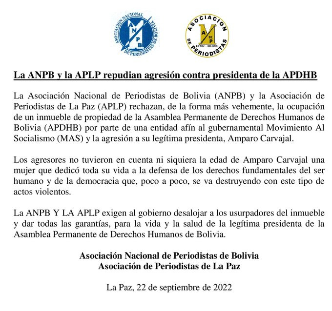 BrujulaNoticias's tweet image. #Sociedad| La #ANPB y la #APLP rechazan la ocupación del inmueble que sufrió la Asamblea Permanente de Derechos Humanos de Bolivia (#APDHB) a manos de un grupo afín al #MAS.
#Urgente 
#APDHB