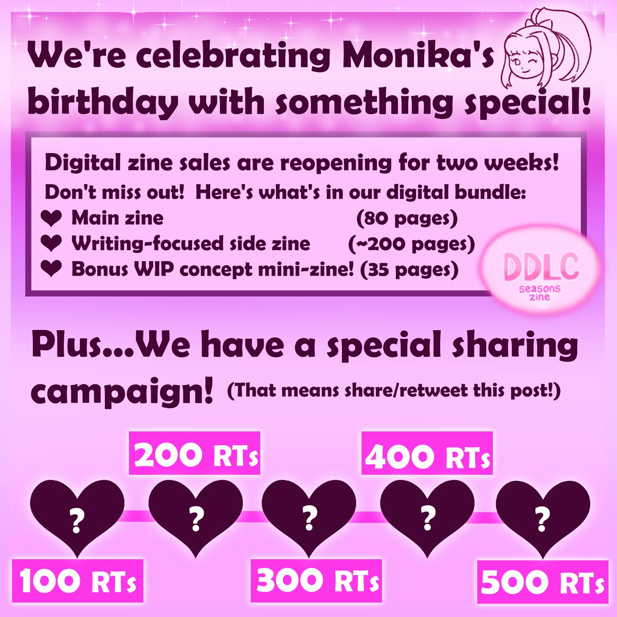 🎂 HAPPY BIRTHDAY DDLC (&amp; MONIKA)! Can you believe it's been 5 years since DDLC released?

To celebrate: we have a rt campaign for some teaser material AND are reopening zine digital sales for 2 weeks~! 🎉

Details 👇

#ddlc #dokidokiliteratureclub #dokizine