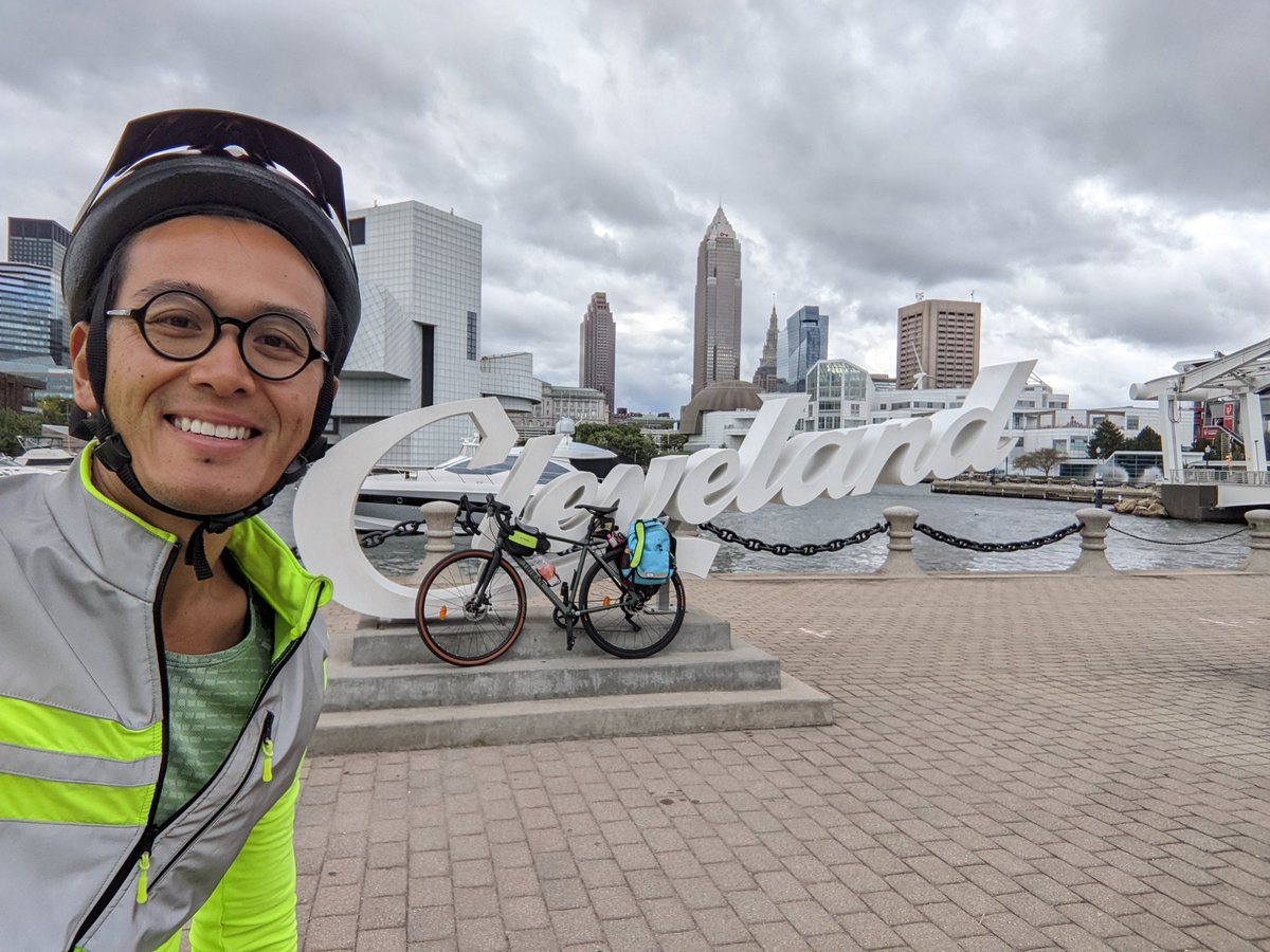 Day 34 to Painsville/Cleveland, OH! 57 miles, 2100 up, 2000 down, avg temp 62F (!). A cold and windy ride exploring Cleveland through Edgewater Park, downtown, and Asiatown. Thanks to Cheng for setting us up in the Amelia Earhart Suite at the Steele Mansion!