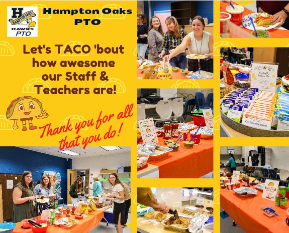 PtoHampton's tweet image. TACO BAR for Teachers &amp;amp; Staff. Let's TACO 'bout how awesome our Staff &amp;amp; Teachers are! Thank you for all your donations. Teachers &amp;amp; Staff loved it! Thank you for all your help! #StrongerTogether @HamptonOaksElem