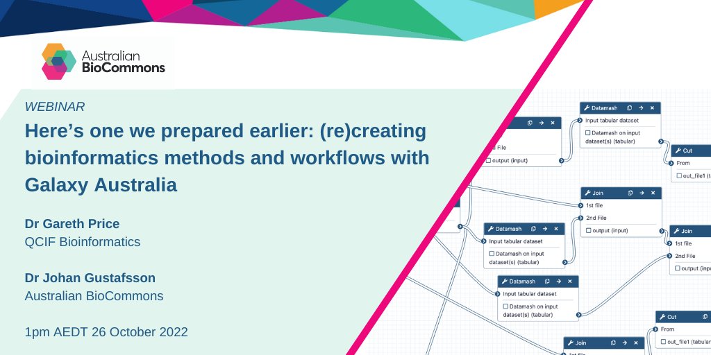 Tomorrow! Gareth Price <a href="/qcifltd/">QCIF</a> and Johan Gustafsson <a href="/maldi_guy/">Johan Gustafsson</a> share their enthusiasm for using workflows and <a href="/GalaxyAustralia/">Galaxy Australia</a> to promote #ReproducibleScience

1pm AEDT 26 October 2022

biocommons.org.au/events/galaxy-…