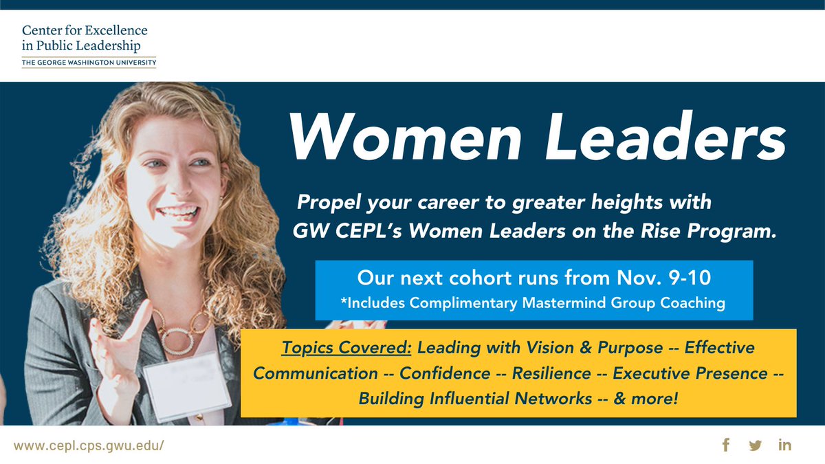 gwcepl's tweet photo. Research by @McKinsey &amp; Co shows that for every 100 men promoted to a management position, only 72 women attain the same. That’s why at @GW we launched a unique experience for women early in their careers: #Women #Leaders on the Rise Program. Learn more: https://t.co/sjpujRK3Ug https://t.co/XT4Wer7v6D