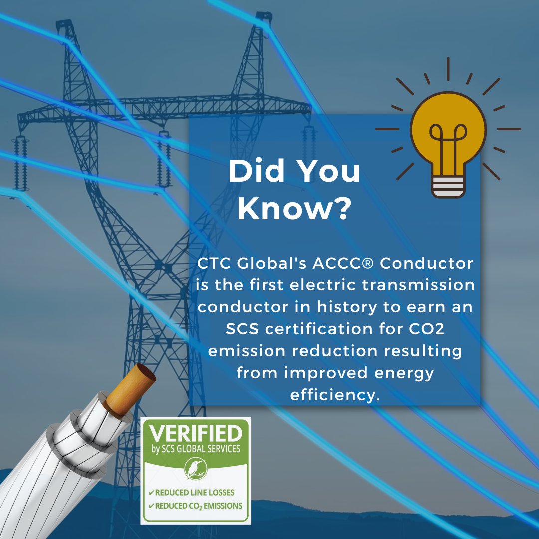 CTC_ACCC's tweet photo. CTC Global's ACCC® Conductor is the first electric transmission conductor in history to earn an SCS certification for CO2 emission reduction resulting from improved energy efficiency.
Find out more: https://t.co/WJdUasKfqm
#ACCCConductor #EnergyEfficiency #ModernGrid https://t.co/AV8xs0FFYv