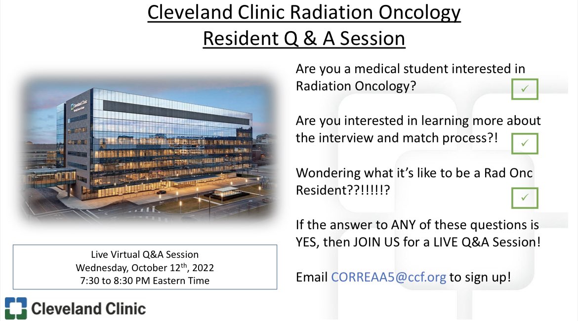 Zachary Mayo (@zacharymayomd) on Twitter photo Attention medical students applying to #radonc! Come join the <a href="/ClevelandClinic/">Cleveland Clinic</a> residents for a meet and greet and learn why we ♥️ our program!
📆 Wednesday, October 12 at 7:30 PM EST
Please email correaa5@ccf.org to sign up
<a href="/SAmarnathMD/">Sudha Amarnath MD</a> <a href="/RTendulkarMD/">Rahul Tendulkar, MD</a> <a href="/ShaunaRadOnc/">Shauna Campbell, DO</a> <a href="/DrJohnSuh/">John Suh</a> Attention medical students applying to #radonc! Come join the <a href="/ClevelandClinic/">Cleveland Clinic</a> residents for a meet and greet and learn why we ♥️ our program!
📆 Wednesday, October 12 at 7:30 PM EST
Please email correaa5@ccf.org to sign up
<a href="/SAmarnathMD/">Sudha Amarnath MD</a> <a href="/RTendulkarMD/">Rahul Tendulkar, MD</a> <a href="/ShaunaRadOnc/">Shauna Campbell, DO</a> <a href="/DrJohnSuh/">John Suh</a>