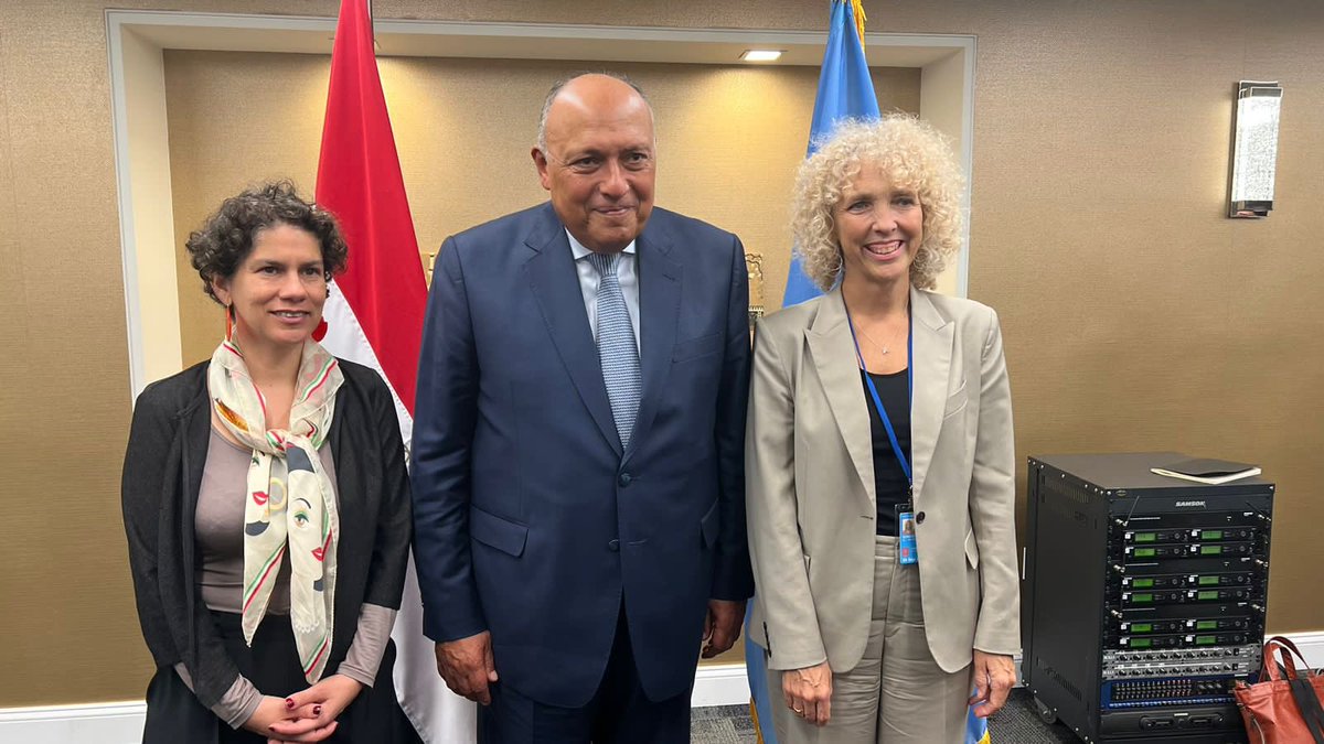 MfaEgypt's tweet photo. United in Climate action… FM Shoukry @COP27P President Designate receives @climatemorgan &amp; @maisa_rojas on the occasion of assuming their role as facilitators &amp; coordinators for climate negotiations on loss &amp; damage in #COP27 https://t.co/vpj8s1trgl
