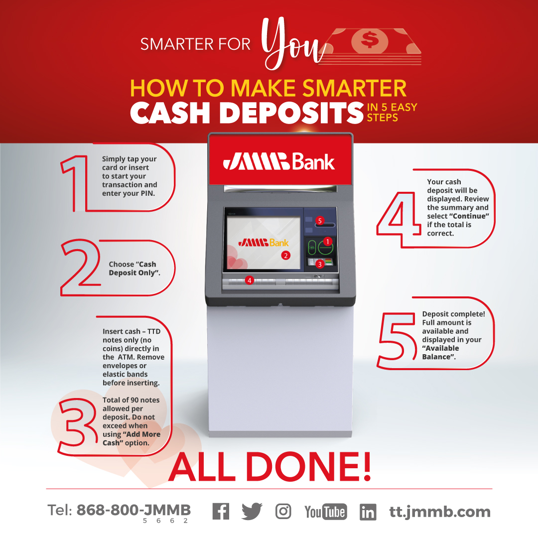jmmbgrouptt's tweet photo. 𝗠𝗮𝗸𝗶𝗻𝗴 𝘀𝗺𝗮𝗿𝘁 𝗱𝗲𝗽𝗼𝘀𝗶𝘁𝘀 𝗲𝗮𝘀𝗶𝗲𝗿 𝗳𝗼𝗿 𝘆𝗼𝘂!
Here are some easy steps for making cash deposit using our Smart ATMs!
How to connect with us:
☎️ 800-JMMB (5662) - Press 1
📧 infott@jmmb.com
#jmmbtt #jmmbgrouptt #bestinterestatheart❤️ https://t.co/Z3Ng0F73RD