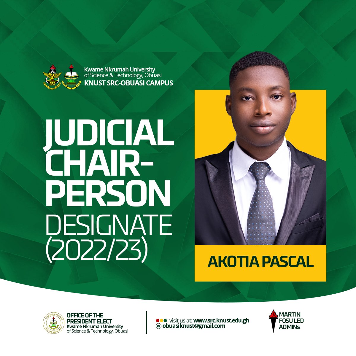 CONGRATULATIONS, <a href="/PaschalAkotia/">Paschal Akotia</a>; JUDICIAL CHAIRPERSON, <a href="/ObuasiSrc/">KNUST SRC, OBUASI</a> (2022/2023 KNUST, Obuasi SRC year). Let's leave our footprints on the sands of time. 🥂