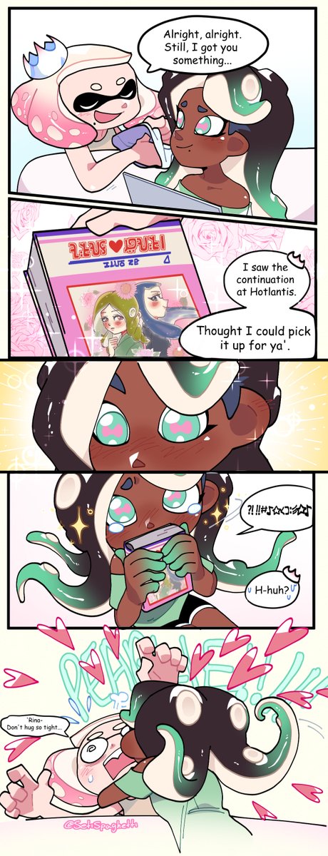 SetiSpaghetti's tweet photo. Another unnecessarily long comic, this time I tried doing panels...

If Marina isn't the mangaka she at least owns that one yuri manga volume from the Splat3 store.

#pearlina https://t.co/MsVQbJWjIX