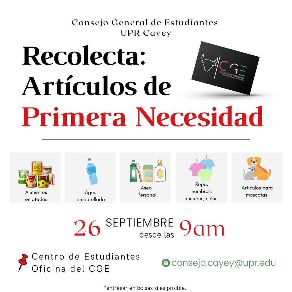 🚨Comunidad de UPR Cayey🚨

A partir del lunes 26 de septiembre a las 9:00am se estarán aceptando donaciones de artículos de primera necesidad y alimentos en nuestro centro de acopio: Centro de Estudiantes, Oficina del CGE. Estará abierto a TODA la comunidad universitaria.🇭🇺🐃