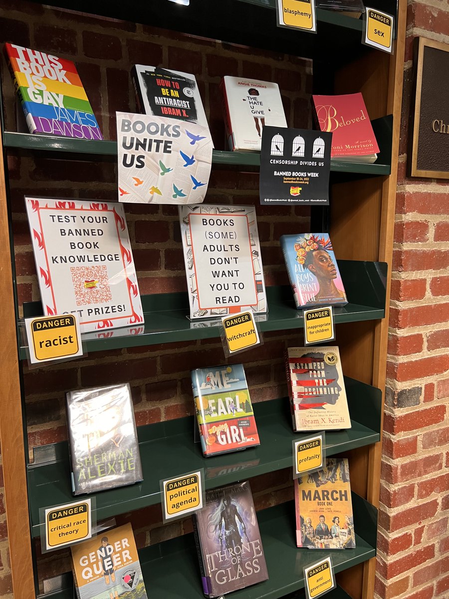 MadHuffLib's tweet photo. This #BannedBooksWeek2022 Madeira students (and staff!) are encouraged to read dangerously, combat censorship, and test their Banned Books knowledge in a schoolwide trivia contest. How many of these have you read? https://t.co/QV7PPN7Ae8