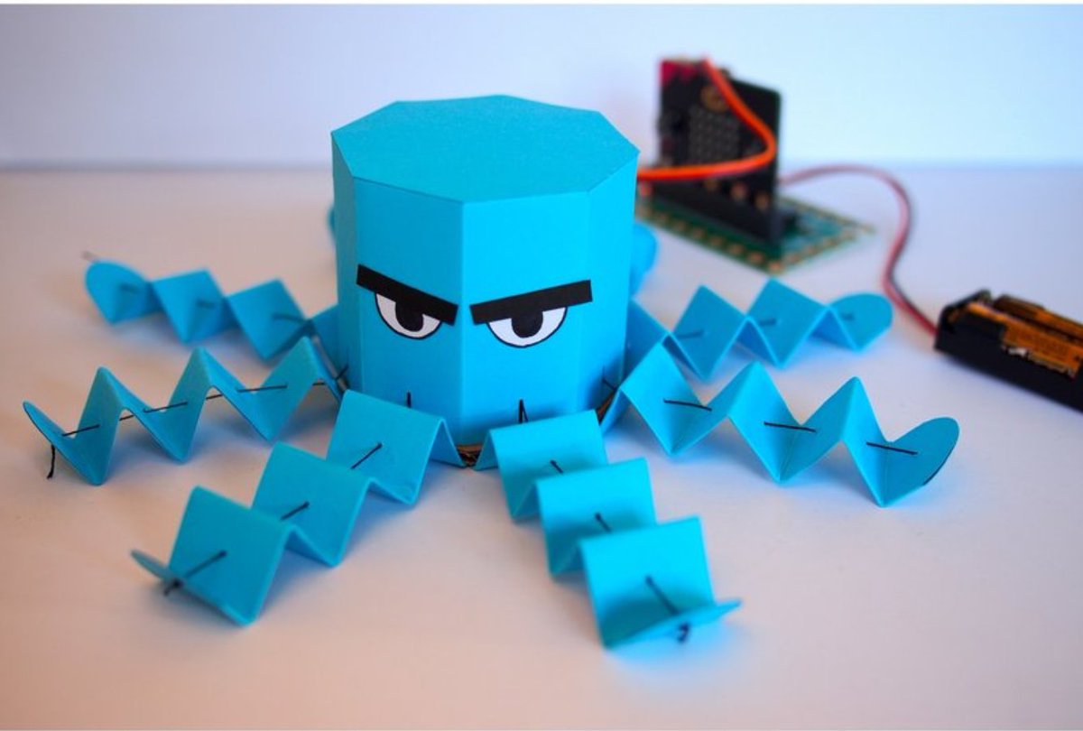 MackinMaker's tweet photo. Make a Paper Craft Octopus with micro:bit! This little octopus brings in its arms when it hears a loud noise. The project uses a servo, micro:bit, and a Bit Board: https://t.co/nxYy9nLSO9

Difficulty: Moderate
Time Required: 01:30:00 - 02:00:00 https://t.co/ApxTn3O3l2