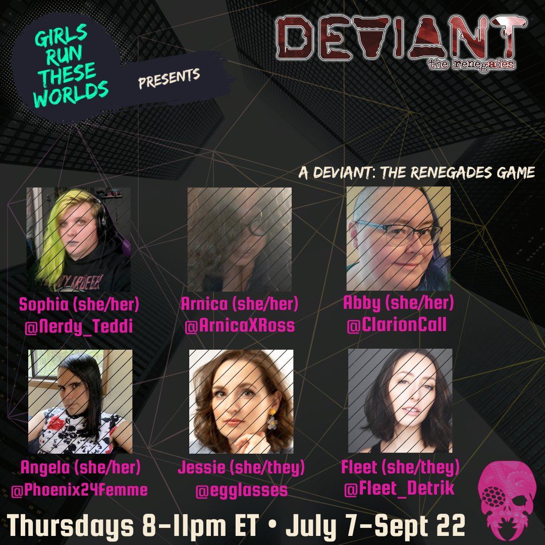 GirlsRunWorlds's tweet photo. TONIGHT: The cohort faces off against Seraph in a potentially explosive finale. Join our @TheOnyxPath #DeviantTheRenegades stream for the season finale! Join @Nerdy_Teddi @ArnicaXRoss @ClarionCall @Phoenix24Femme @egglasses @Fleet_Detrik
#ttrpg #TTRPGs #ttrpgcommunity https://t.co/WT9rxLl0Cp