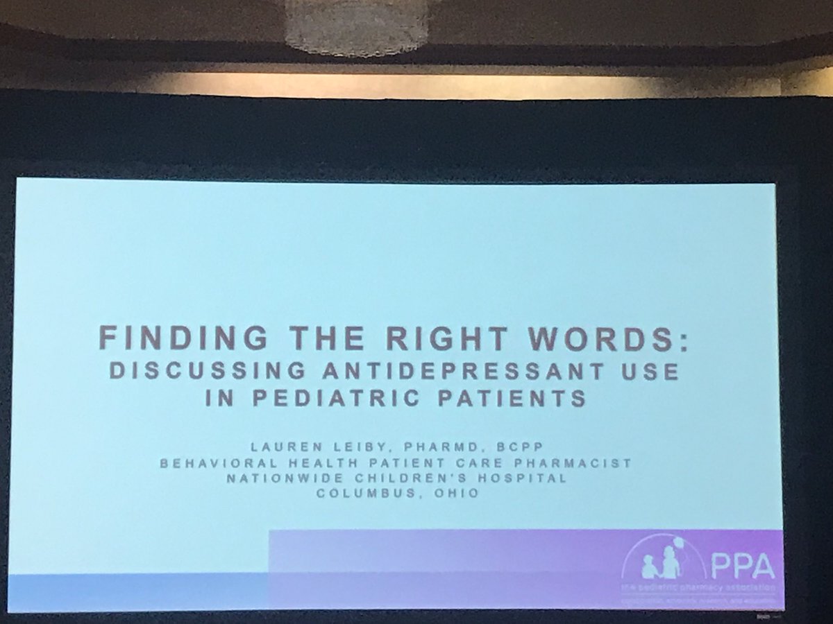 CFPharmD's tweet photo. Enjoying the @PediatricRxAssn Fall Meeting in #Cbus. Next up @laurenrx17 discusses #antidepressant use in kids. #PediatRx #TwitteRx https://t.co/hlD337yiuf