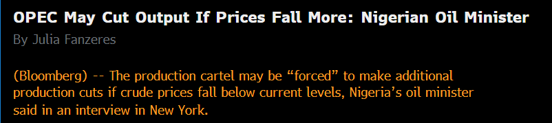 juliafanzeres's tweet photo. Exclusive: Nigerian Oil Minister says OPEC may be "forced" to make additional production cuts if prices continue to fall... 
#oott #opec more on the Terminal https://t.co/9Mz9gUWXGx