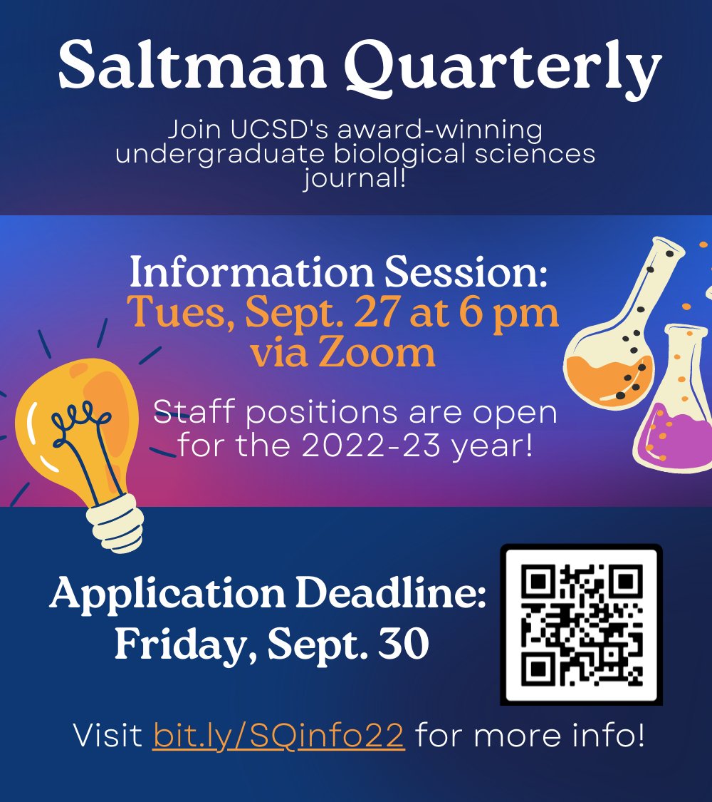 sqatucsd's tweet photo. SQ is recruiting! See the QR code or the link in the flyer to apply. Also, join us for our Info Session on Tuesday, September 27th on Zoom! https://t.co/LMwWly5mRq