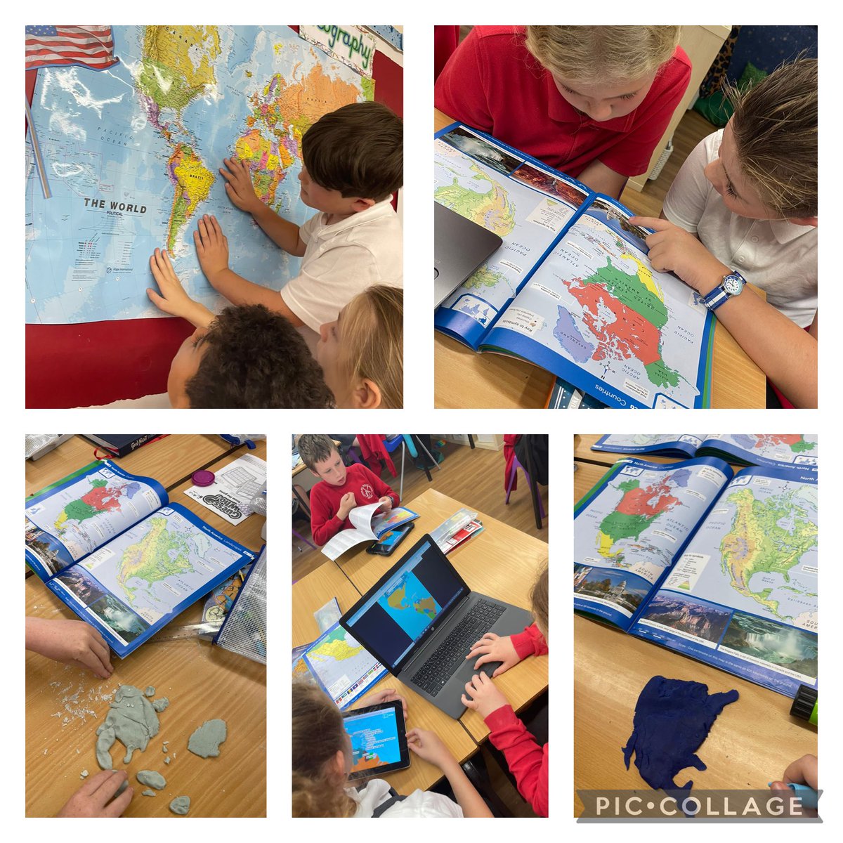 HMillSchool's tweet photo. Team 5 learned about North America today. They used play dough and atlases to make and name the countries and then tested their knowledge with an online quiz! #topgeographers https://t.co/q2lWhrWoqV