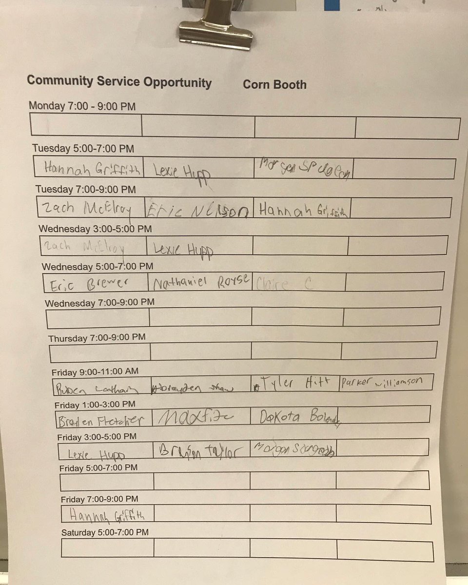 wb_ffa's tweet photo. Student work schedules for next week! Wear your new FFA shirts Monday in the pork booth. If you need one, let Mr. Rosselot know! https://t.co/HMbYnPto2s