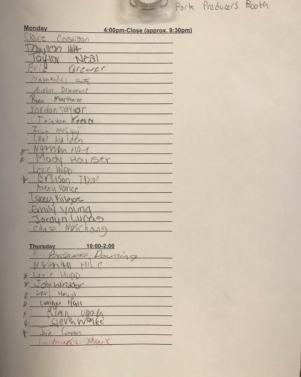 wb_ffa's tweet photo. Student work schedules for next week! Wear your new FFA shirts Monday in the pork booth. If you need one, let Mr. Rosselot know! https://t.co/HMbYnPto2s